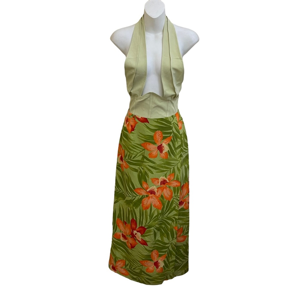 Neon Floral Print Midi Skirt 100% Silk Size 8